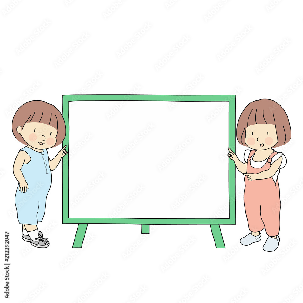 Vector illustration of two little kids, boy and girl, pointing at blank  whiteboard for presentation, brochure or banner. Education and learning  idea and concept. Cartoon character drawing style. Stock Vector | Adobe