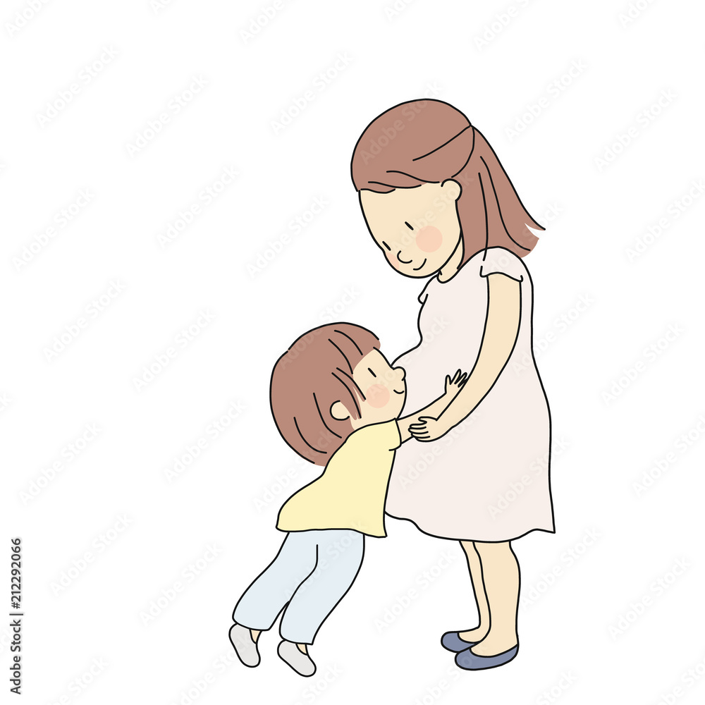 Vector illustration of kid touching, hugging and feeling new baby in pregnant mom belly. Parent prepare toddler to be siblings. Happy mother day, family, maternity concept. Cartoon character drawing. Vector illustration of kid touching, hugging and feeling new baby in pregnant mom belly. Parent prepare toddler to be siblings. Happy mother day, family, maternity concept. Cartoon character drawing.