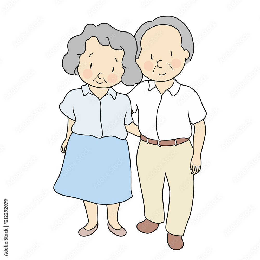 Vector illustration of elderly couple standing & smiling together. Elderly people, 70s, healthcare, family, togetherness, happy anniversary, happy grandparents day concept. Cartoon character drawing. Vector illustration of elderly couple standing & smiling together. Elderly people, 70s, healthcare, family, togetherness, happy anniversary, happy grandparents day concept. Cartoon character drawing.