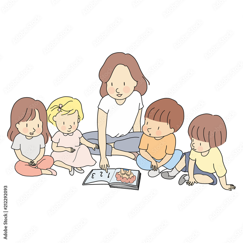 Vector illustration of teacher & little students reading books together.  Early childhood development, learning & education, nursery, kindergarten,  elementary school concept. Cartoon character drawing. Stock Vector | Adobe  Stock