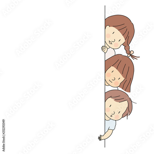 Vector illustration of little kids, boy and girls, peeking out behind wall. Peek a boo, back to school, happy children day concept. Cartoon drawing. Blank background template for banner & brochure.