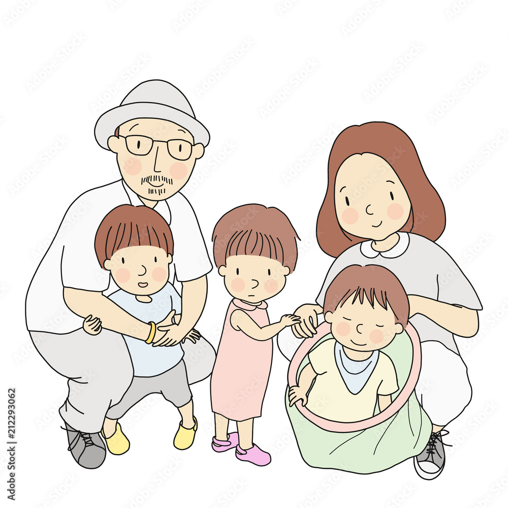 Vector illustration of father, mother and three little kids, one in dad arm, one standing, one sitting in toy bag. Family, parenthood, early childhood development concept. Cartoon character drawing. Vector illustration of father, mother and three little kids, one in dad arm, one standing, one sitting in toy bag. Family, parenthood, early childhood development concept. Cartoon character drawing.