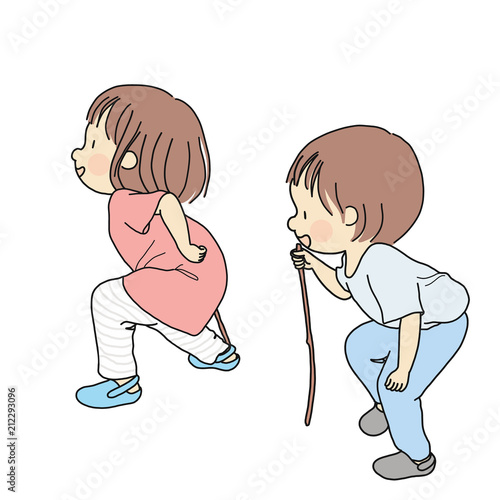 Vector illustration of little kids playing pretend game by acting as old people. Early childhood development activity - imagination play, education and learning concept. Cartoon character design.