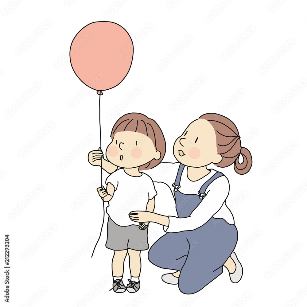 Vector illustration of mom and little kid with red balloon. Happy mother's  day, happy children day, greeting card. Family, early childhood  development, education and learning concept. Cartoon drawing. Stock Vector  | Adobe