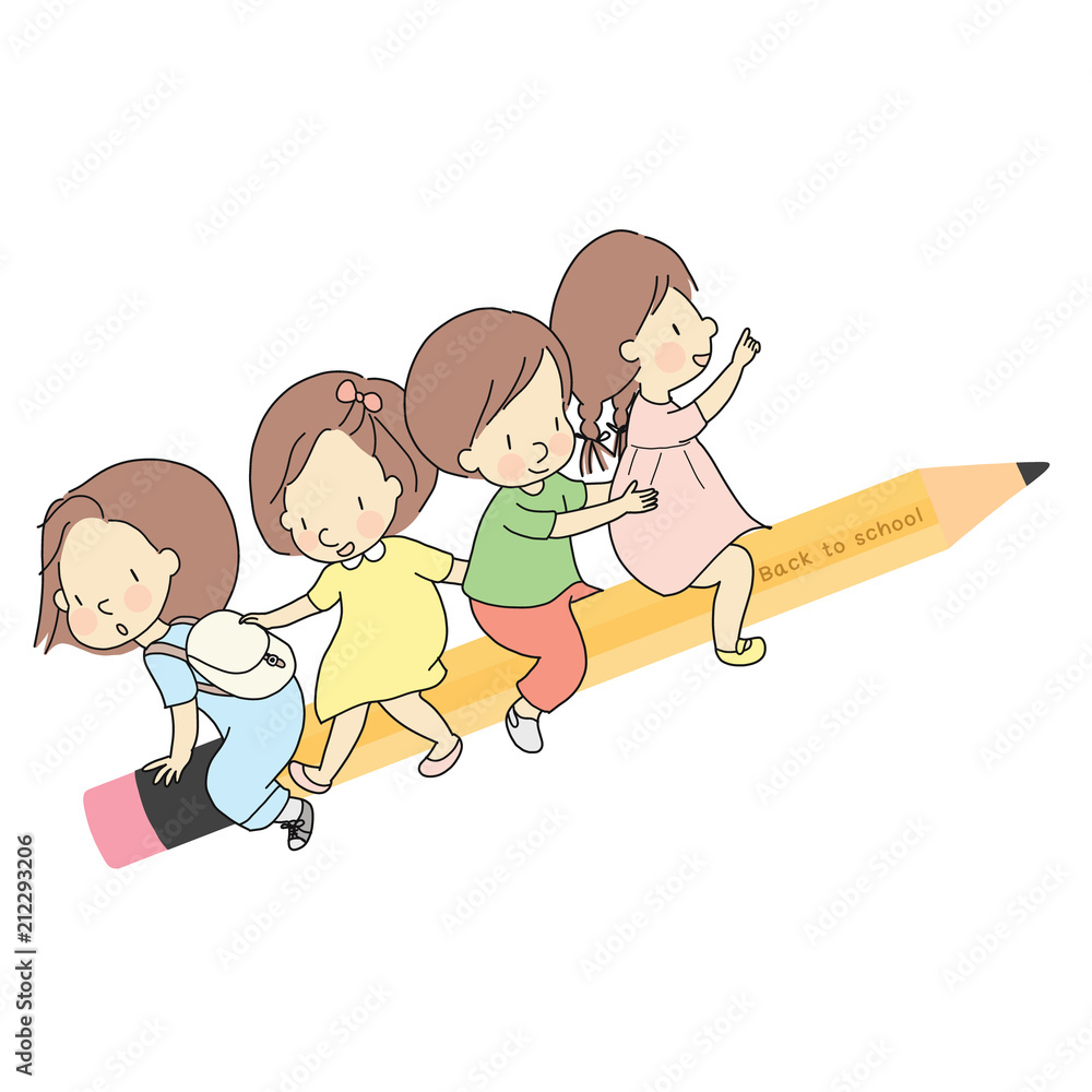 Vector illustration of little kids sitting together on yellow wooden  pencil. Welcome back to school card, postcard, banner. Early childhood  development, learning & education concept. Cartoon drawing. Stock Vector |  Adobe Stock