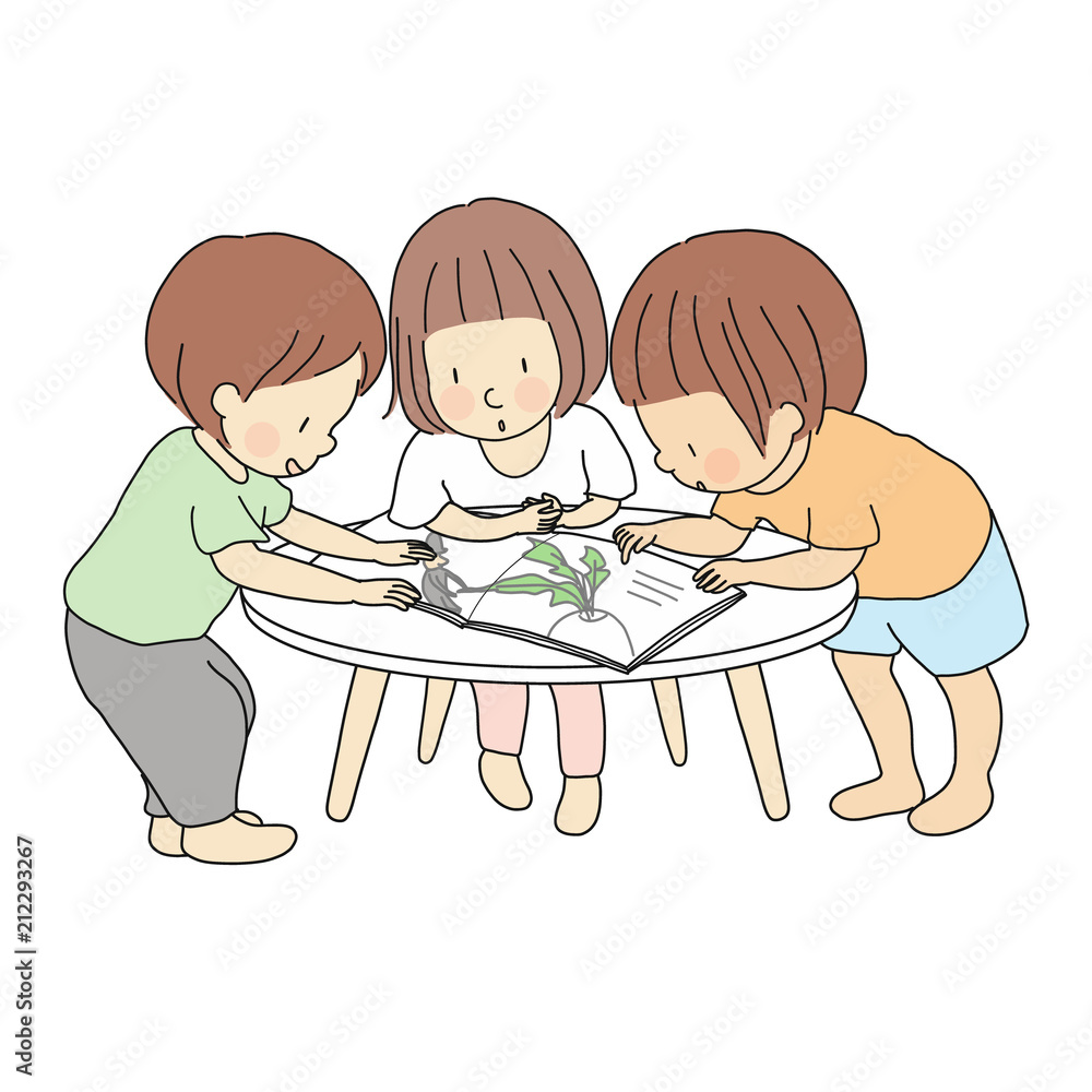Vector illustration of little kids standing and reading story book  together. Early childhood development activity, education and learning,  friendship concept. Cartoon character drawing style. Stock Vector | Adobe  Stock