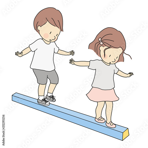 Vector illustration of little kids, boy and girl, playing balance beam. Early childhood development activity, education and learning concept.
