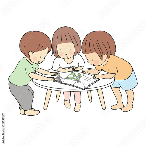 Vector illustration of little kids standing and reading story book together. Early childhood development activity, education and learning, friendship concept. Cartoon character drawing style.