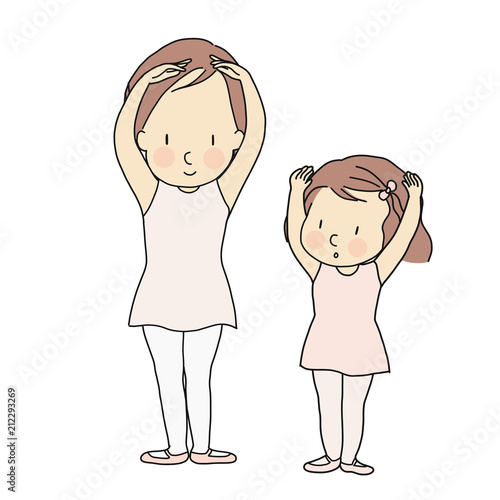 Vector illustration of little girl practicing basic ballet position with teacher in kid ballet dancing class. Child development activity, education & learning concept. Cartoon character drawing.