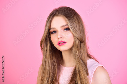 model with perfect long hair. model for fashion portrait with makeup on face.