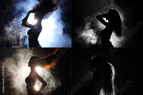 Collage Group of Pack Silhouette of Attractive Body Shape Fluttering Curl Hair in Smoke