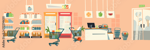 Supermarket interior. Shop food. Retail store illustration in flat style.