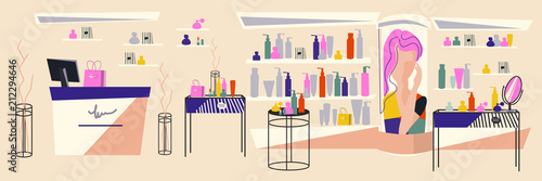 Interior of a perfumed store. Showcases with cosmetics. Illustration in flat style.