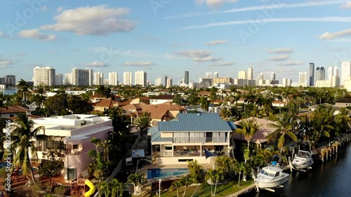 Aerial view of Houses in Miami by the intercostal. Water front properties and view of sunny isle buildings. photo