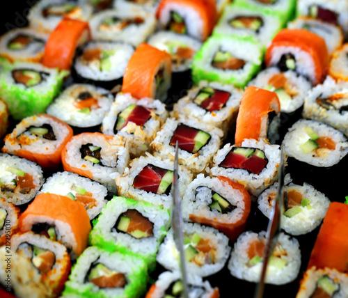 Photo of a macro background of delicious sushi