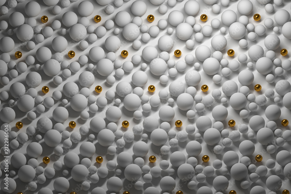 Fototapeta Powtarzające się białe i złote kule kule wzór o różnych rozmiarach. 3d ilustracji.