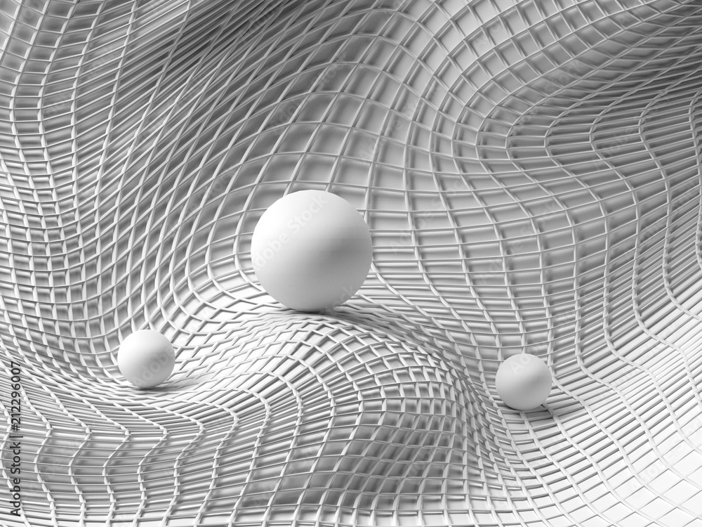 Abstrakcjonistyczny futurystyczny fantastyka naukowa tło z piłkami sfery i wireframe nad wichrowatą powierzchnią. 3d ilustracja.