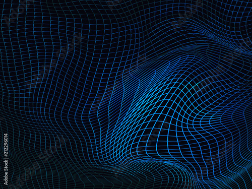 Abstract blue futuristic sci-fi background with warped wireframe, curved line surface. 3d illustration. photo