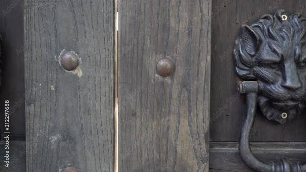 Dolly shot of Lion head door handle, on wooden door. Dolly shot of Lion head door handle, on wooden door.