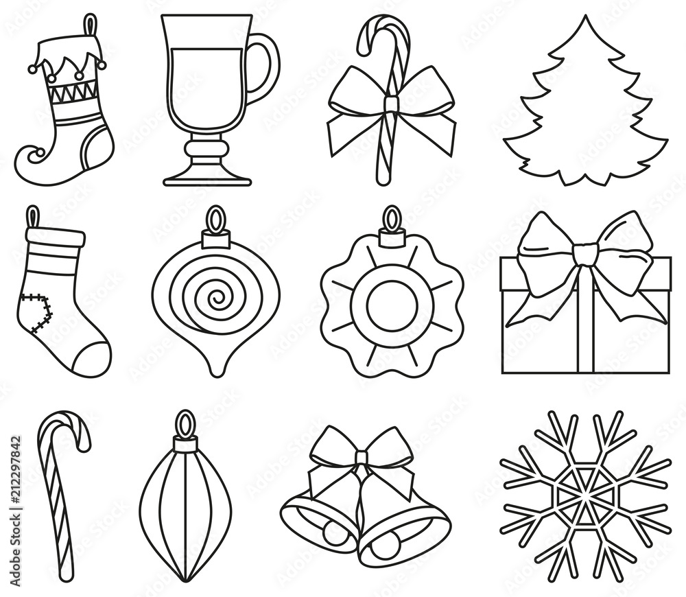 Line art black and white 12 xmas elements set Line art black and white 12 xmas elements set