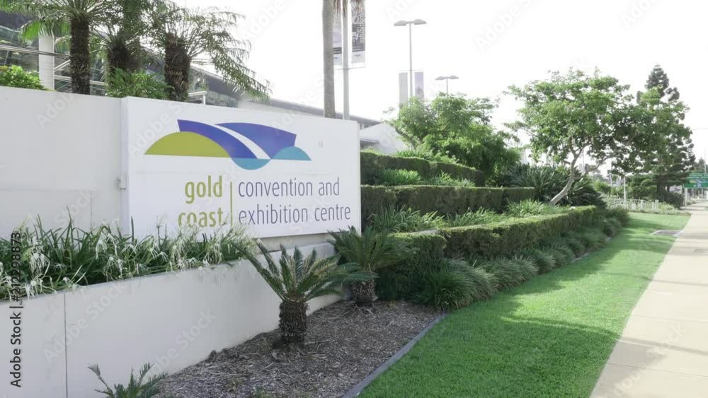 Wide shot of Gold Coast Convention and Exhibition Centre Sign in ...