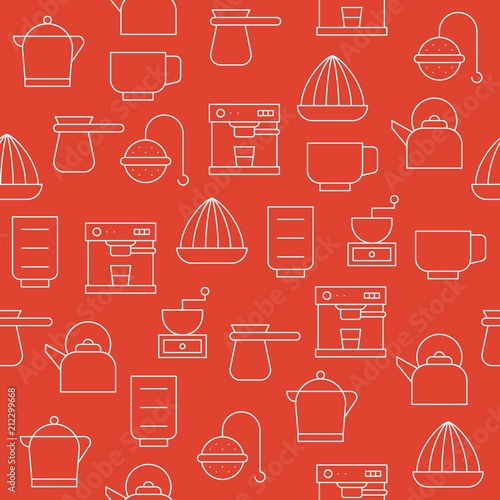 coffee brewing equipment, kettle, kitchen utensil for making beverage, seamless pattern for wallpaper or wrapping paper