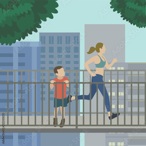 Woman running on an elevated rail trail illustration