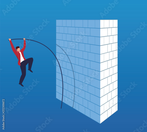 Businessman pole vault jumping wall