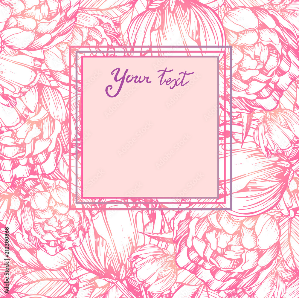 Peony. Beautiful card for you. Ink. Handmade. Leaves, flowers, buds. Invitation, t-shirt print,scrapbooking, pink Peony. Beautiful card for you. Ink. Handmade. Leaves, flowers, buds. Invitation, t-shirt print,scrapbooking, pink