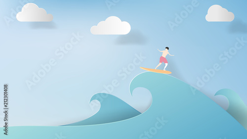 Surfer on surf board riding big wave in ocean, paper art/paper cutting style