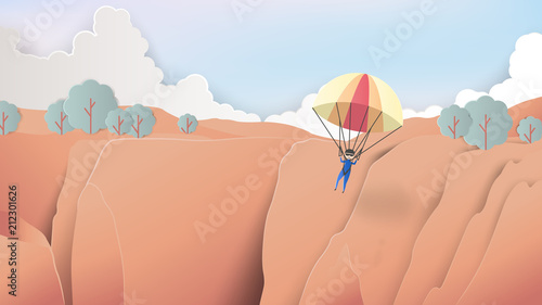 Skydiver flying over grand canyon, paper art/paper cutting style