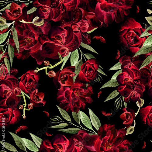 Beautiful watercolor pattern with orchid and peony flowers.