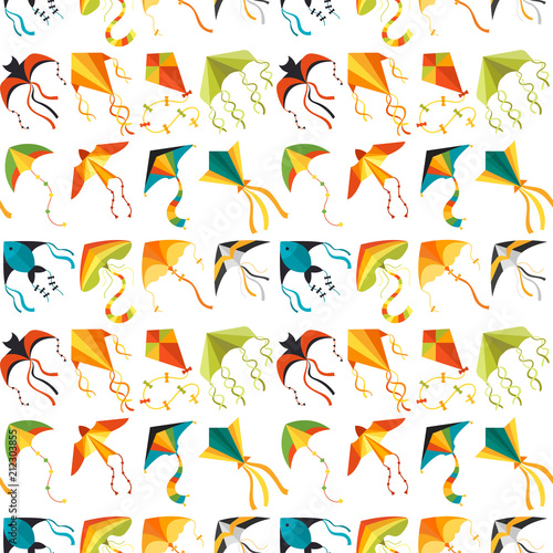 Flying kite snake serpent dragon kids toy colorful outdoor summer activity seamless pattern background vector illustration