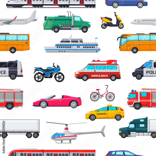 Transport vector public transportable vehicle plane or train and car or bicycle for transportation in city illustration set of ambulance fire-engine and police car seamless pattern background