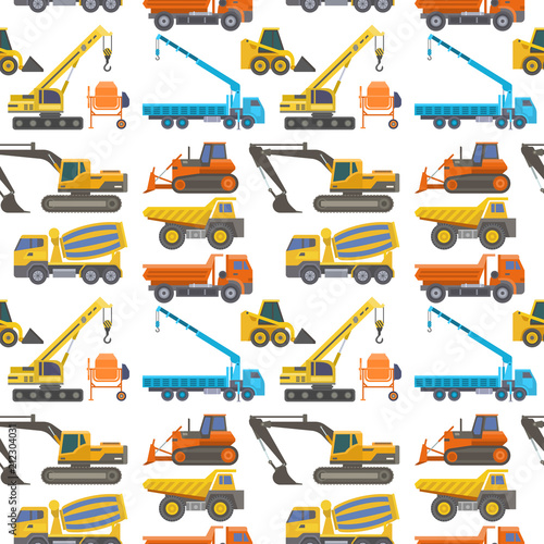 Construction delivery truck vector transportation vehicle construct and road trucking machine equipment large platform industrial truck seamless pattern background illustration.