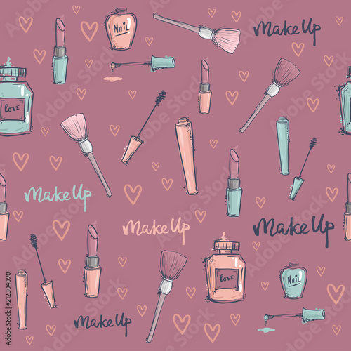 Fashion cosmetics accessories seamless pattern vector colors bright pink styl...