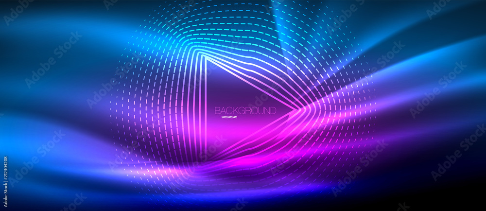 Neon glowing wave, magic energy and light motion background. Wallpaper template, hi-tech future concept Neon glowing wave, magic energy and light motion background. Wallpaper template, hi-tech future concept