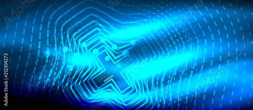 Neon glowing wave, magic energy and light motion background. Wallpaper template, hi-tech future concept