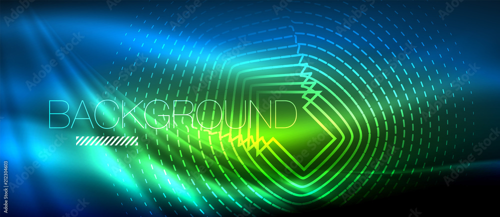 Neon glowing wave, magic energy and light motion background. Wallpaper template, hi-tech future concept