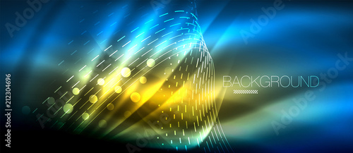 Neon glowing wave, magic energy and light motion background. Wallpaper template, hi-tech future concept