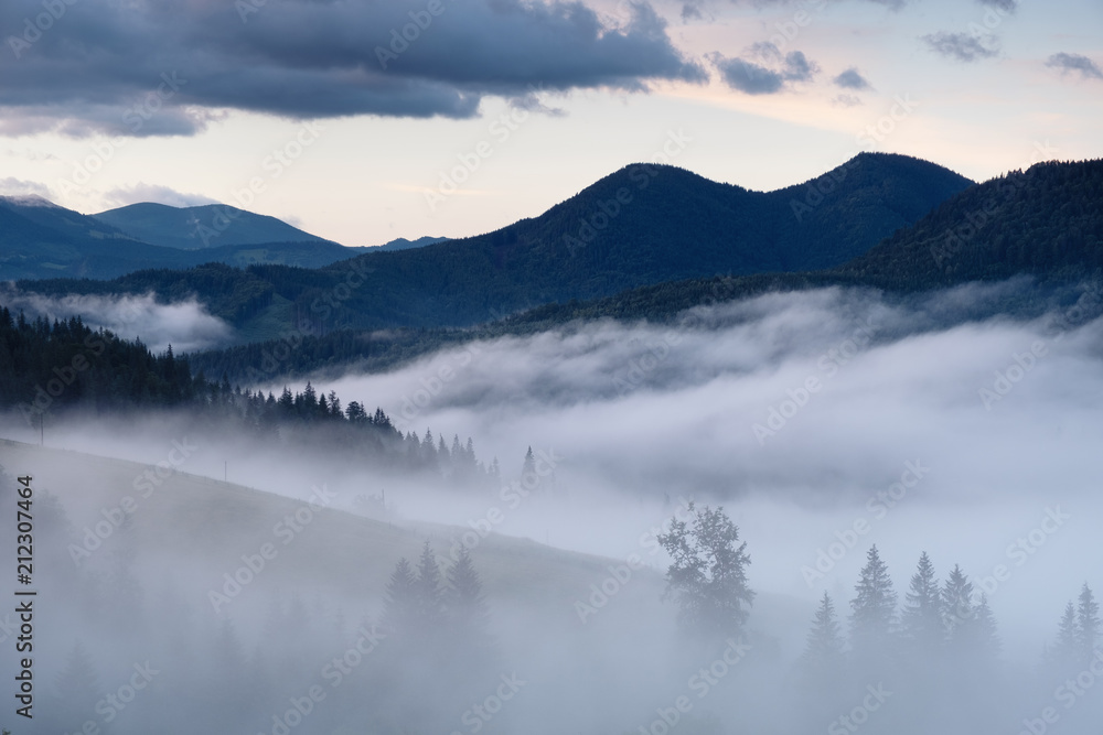 Mountain valley in the mist. Beautiful natural landscape at the summer time during sunrise