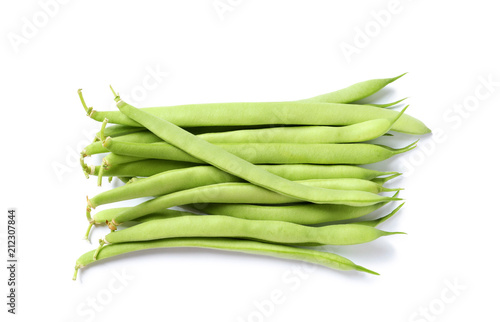 Pile of fresh green beans on white background