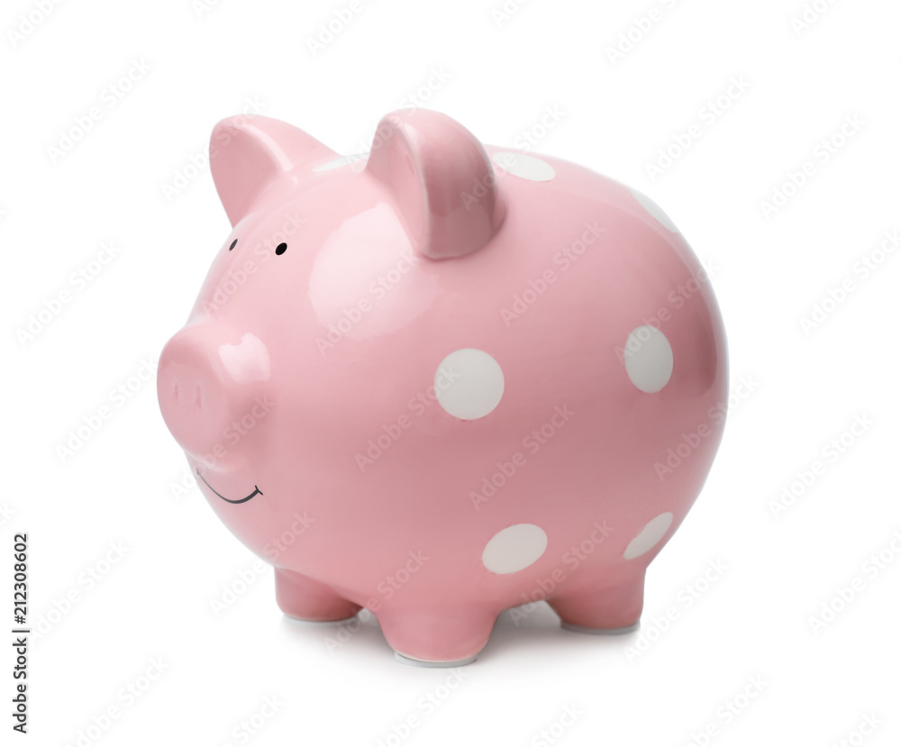Cute pink piggy bank on white background. Money saving