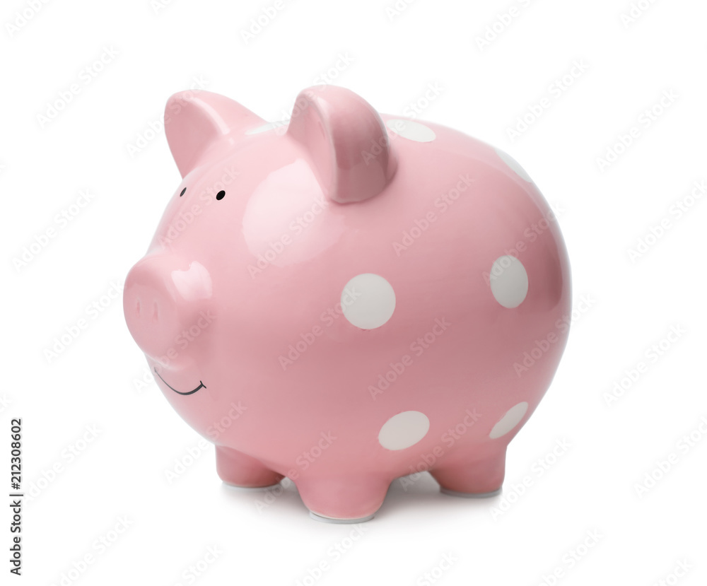 Cute pink piggy bank on white background. Money saving Cute pink piggy bank on white background. Money saving