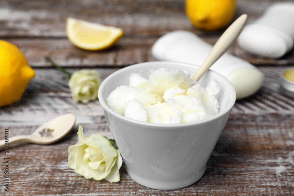 Ingredients for natural homemade deodorant on wooden table Ingredients for natural homemade deodorant on wooden table