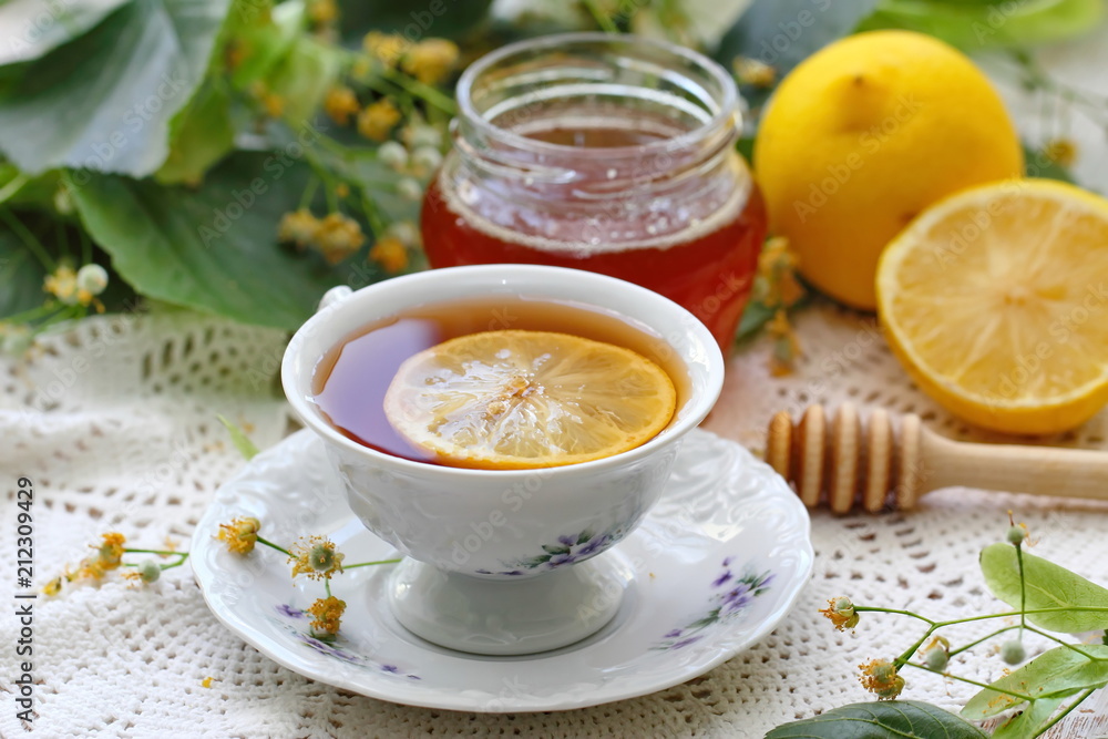 Herbal tea with linden flowers, honey and lemon Herbal tea with linden flowers, honey and lemon