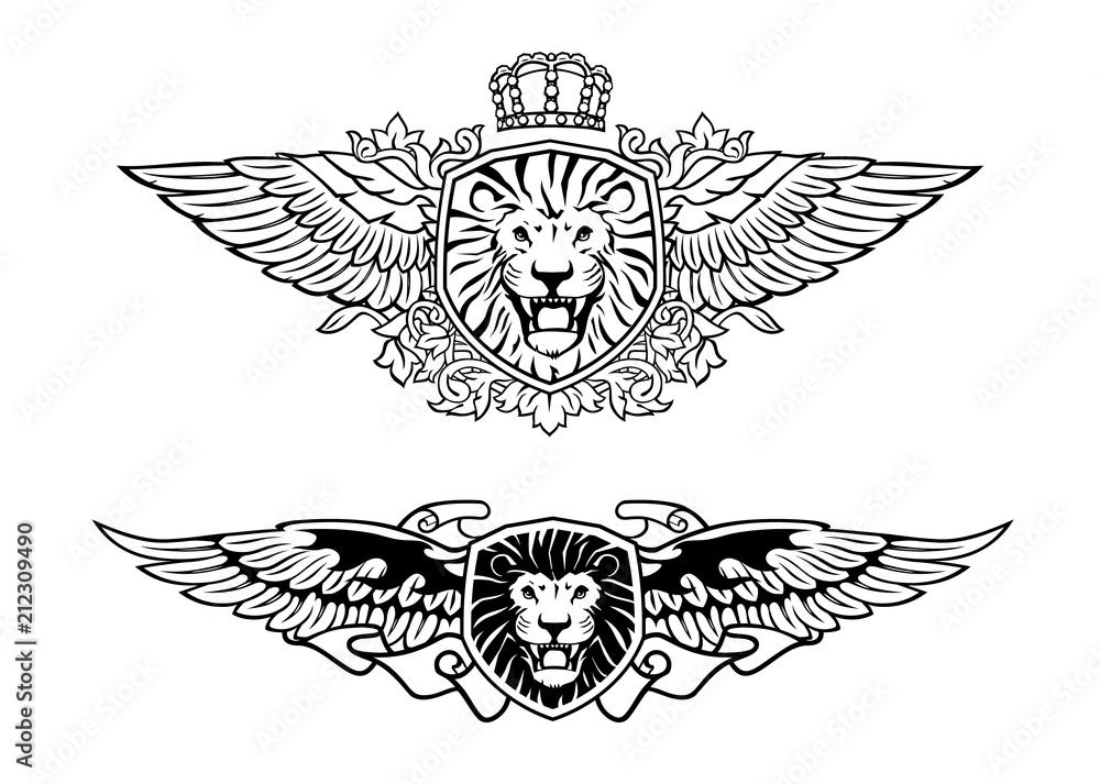 Fototapeta premium Winged Roaring Lion Shield Insignias