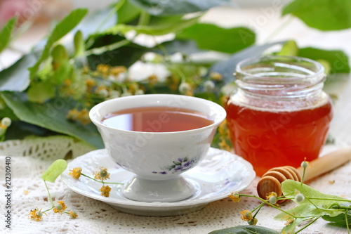 Herbal tea with linden flowers, honey and lemon