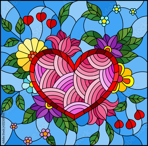 Illustration in stained glass style with abstract heart and flowers on blue background