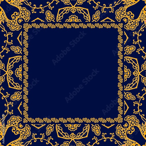Square greeting or invitation card with space for text and ornamental yellow frame on dark blue background. Tea box template, silk scarf, pillowcase in vector.